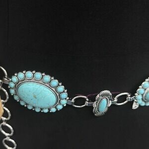 Concho Belt Womens Sm/Med Silver Faux Turquoise Embossed Southwest Metal  New